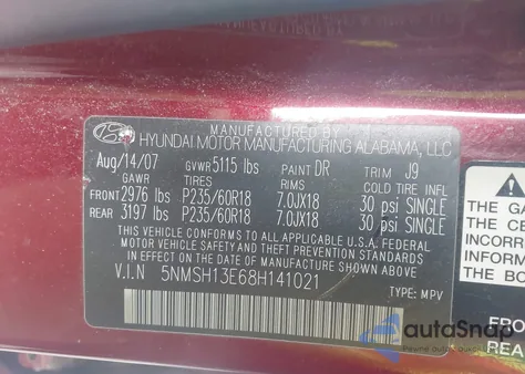 2008 Hyundai Santa Fe Limited/Se z USA, uszkodzony, nr VIN 5NMSH13E68H141021